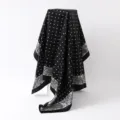 Black and white polka dot and paisley printed satin square scarf fabric detail view. - 88*88cm / D9521-Black