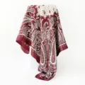Detailed view of a red and cream paisley satin square scarf draping gracefully on display. - D9498-Wine Red