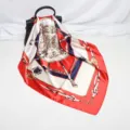 Detailed view of 90cm satin silk square scarf with luxury chain and belt print design. - D9051-Red