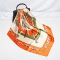 Luxury 90cm satin square scarf with elegant chain print, versatile silk-like shawl and head wrap. - D9051-Orange Yellow
