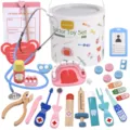 Wooden doctor toy set for kids, simulation medical role play set with bucket and accessories. - Barreled All-around Doctor Set