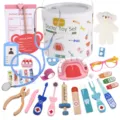 Wooden doctor toy set for kids role play medical kit with bucket and simulation dental tools. - Barreled Dentist Set (16 Pcs)