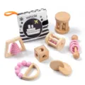 Infant wooden rattle set baby gripping teether early education Montessori sensory toy book - Pink