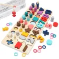 Wooden educational sorting board with numbers, shapes, and magnetic fishing game for kids. - Default
