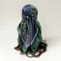 Silk satin square scarf with paisley and polka dot print, 90cm stylish head wrap for women. - D9506 - Green and Blue