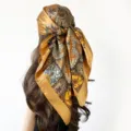 Classic paisley print square silk scarf for women, trendy golden head wrap and stylish shawl. - D9239-Camel