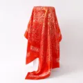 Floral print satin square scarf detail view, elegant silk feel women neckerchief shawl. - 88x88cm / Orange Red