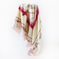 Detailed shot of luxury satin silk scarf featuring classic chain and strap print, elegant drape. - D9051-Pink