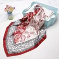 Red white paisley print silk square scarf 90cm vintage women headscarf fashion hair accessory - Wine Red
