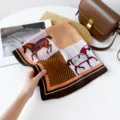 Vintage equestrian print square silk scarf for women, elegant retro neckerchief and headwrap. - RZ6526 - Orange