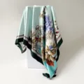Exquisite floral satin square scarf detail, vintage draped silk style for women. - D9508 - Cyan