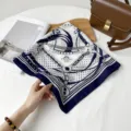 Elegant blue and white silk square scarf with classic chain and equestrian print for women. - Navy Blue Chain