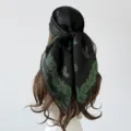 Detail view of black and green glitter paisley square scarf, elegant retro headscarf design. - 90*90cm / Black Green