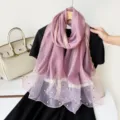 Women pink sheer long scarf with metallic stripes and faux pearls elegant lightweight shawl. - Taro Purple