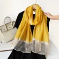 Women's Yellow Mesh Pearl Scarf Sheer Long Shawl Summer Fashion Elegant Dress Accessory - Yellow