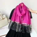 Women Lightweight Long Scarf Fashion Pearl Mesh Sheer Shawl Summer Elegant Neck Scarf - Rose Red
