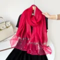Women lightweight sheer chiffon long scarf with pearls and gold stripes for summer spring. - Wine Red