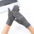 Womens winter warm touchscreen gloves in grey with fleece lining, cozy knit thermal gloves. - Three-Line Small Label / Gray