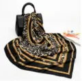 Leopard print silk feel square scarf luxury baroque gold chain design 90cm women shawl - Black Coffee