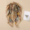 Silk scarf detail showing classic paisley print, elegant beige border design for women. - L7028-Light Khaki