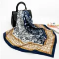 Blue and white paisley silk square scarf, vintage baroque style 90cm fashion women bandana. - Navy Blue & Yellow