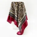 Leopard print silk scarf 90cm women satin square headscarf elegant fashion shawl detail view. - Burgundy