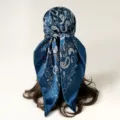 Blue satin paisley square scarf 90cm head wrap hair accessory bohemian style bandana detail view - Blue