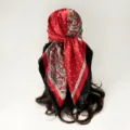 Women's satin square headscarf, red and black paisley printed vintage bandana turban wrap. - D9506 - Red