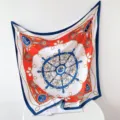 Chic nautical silk scarf featuring classic marine wheel and anchor print. Elegant 90cm square. - Blue