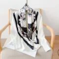 Elegant carriage and compass printed silk square scarf for women, stylish twill imitation silk shawl. - Black