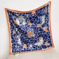 Elegant 90cm square silk scarf with carriage compass mosaic print, stylish women shawl. - Blue Glaze Broken Sail RY-33
