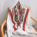 European style compass printed square silk scarf, 90cm twill satin headscarf shawl for women. - White