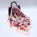Vibrant floral print large square silk scarf 90cm, stylish botanical accessory detail. - D9078-Pink