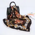 Classic chain print silk-feel square scarf, elegant 88cm women's fashion accessory for chic styling. - D9018-Black