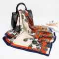 Elegant paisley printed silk feel square scarf for women, classic orange and blue design. - D9044 - Orange