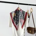 Geometric print small square scarf, red and black patchwork silk scarf neckerchief, 70cm chic style. - RZ7014-Burgundy
