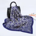 Blue paisley print faux silk square scarf, 88cm women fashion satin headscarf accessory. - D9342-Navy Blue