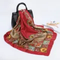Red paisley print silk scarf 88cm square satin headscarf for women fashion neck wrap. - D9239-Red