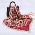 Detailed view of women's 88cm satin square scarf with vintage paisley and floral print. - D9096-Rose Red