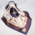 Chic 90cm satin square silk scarf featuring luxury chain and belt print for women. - D9035-Blue