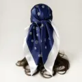 Blue and white silk-feel satin square scarf with elegant camellia pattern for women. - D9509 - Blue & White