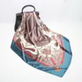 Detailed view of 90cm square silk scarf with luxury chain print, elegant fashion accessory for women. - Army Green