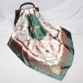 Luxury 90cm satin square silk scarf featuring elegant green chain and belt print design. - D9035-Green