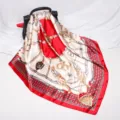 Luxury red and white satin silk scarf with elegant chain and belt print for women 90cm square - D9035-Red
