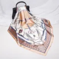 Luxury satin square silk scarf with elegant chain and bridle print, 90cm fashion head wrap. - D9035-Khaki