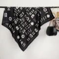 Black and white printed silk scarf detail, elegant floral and bag pattern design for women. - RY-12