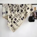 Beige silk square scarf with classic black fashion print chic elegant women neckerchief - RY-13