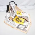 Detailed view of luxury silk square scarf featuring elegant baroque chain pattern and soft drape. - D9058-Light Yellow