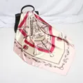 Detail of luxurious 90cm satin square silk scarf with elegant chain and retro pattern. - D9051-Pink