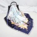 90cm satin silk square scarf with floral shell print, elegant blue women shawl and head wrap. - D9067 - Blue